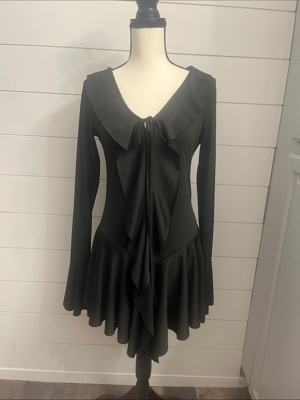 Black Long-Sleeve Ruffle Tie-Front Dress